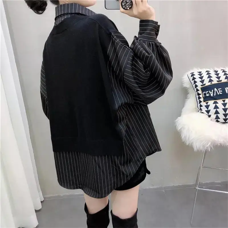 Fashion Spliced Striped Fake Two Pieces Blouses Women's Clothing 2023 Autumn Winter Loose Casual Pullovers Asymmetrical Shirts