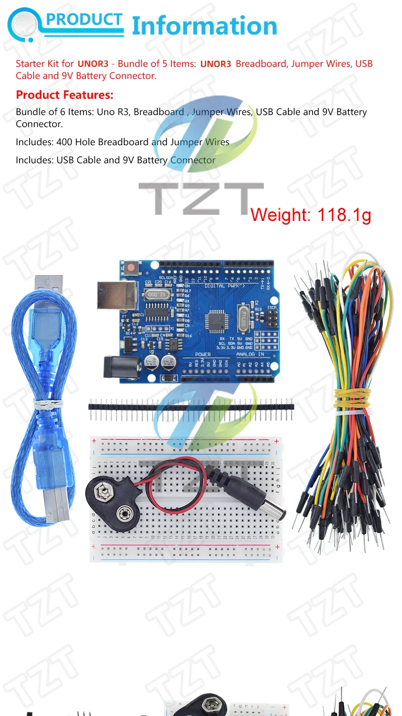 Starter-Kit für Arduino UnoR3 – Bündel mit 5 Artikeln: UnoR3, Steckplatine, Überbrückungsdrähte, USB-Kabel und 9-V-Batterieanschluss für Heimwerker – Detail 1