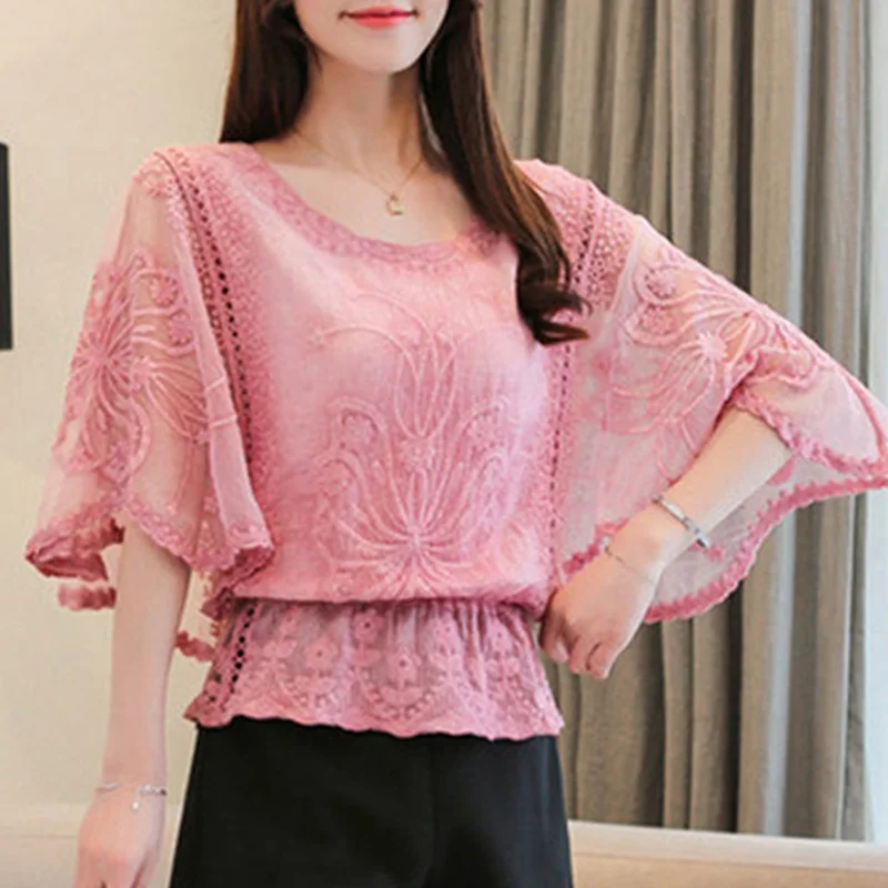 Stylish Loose Lace Embroidery Batwing Sleeve Blouse Women Clothing 2023 Summer New Casual Pullovers Chic Ruffles Shirt