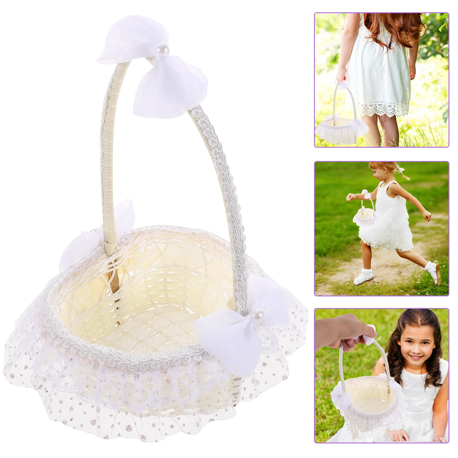 

White Basket Wedding Heart Shape Flower Girl Basket Party Decorations Flowers Heart Design Shower Gifts Bows First Communion