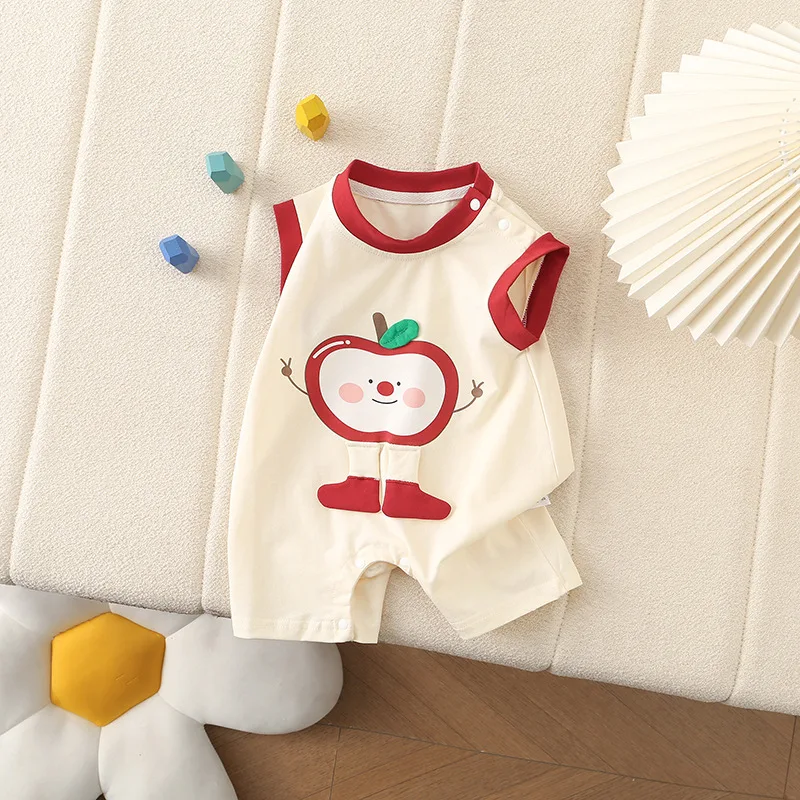 Summer New Sleeveless Jumpsuit Newborn Cartoon Summer Outfit Apple Print Baby Thin Clothing for Boys and Girls 2