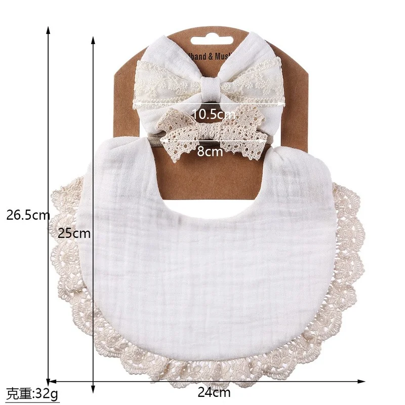 Lace Baby BibsHeadband Set for Infant Baby Boys Girls Pure Cotton Waterproof Baby Bib Princess Big Bow Headband Baby Stuff