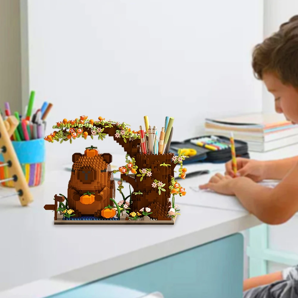 1880Pcs Capybara Building Block Pen Holder Multi-Function Desk Organizer for Office Cosmetics Birthday Gift Desktop Decor