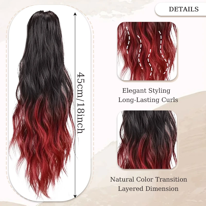 18inch Wavy Hair Ponytail Wig Hair Extensions Synthetic Gradient Water Wave Ponytail Claw Clip Ponytail Hairpiece for Women Wear