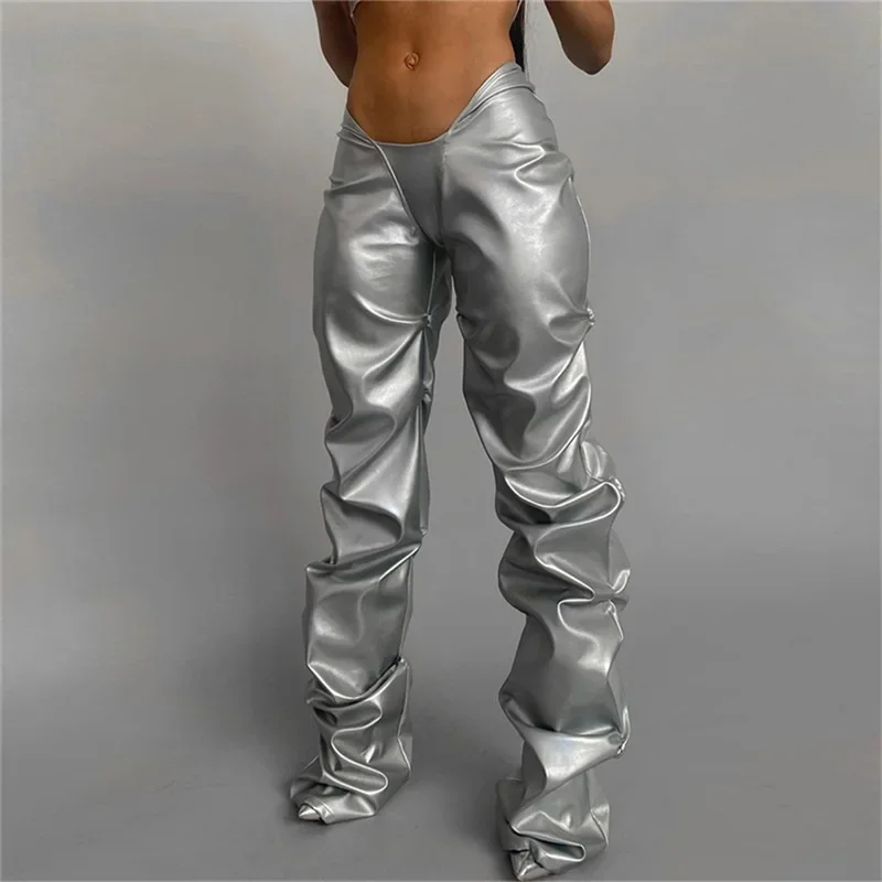 Folds Shiny Solid Faux PU Leather Pants Women Hipster High Street Irregular Shape Clothing Low Waist Female Streetwear Stacked