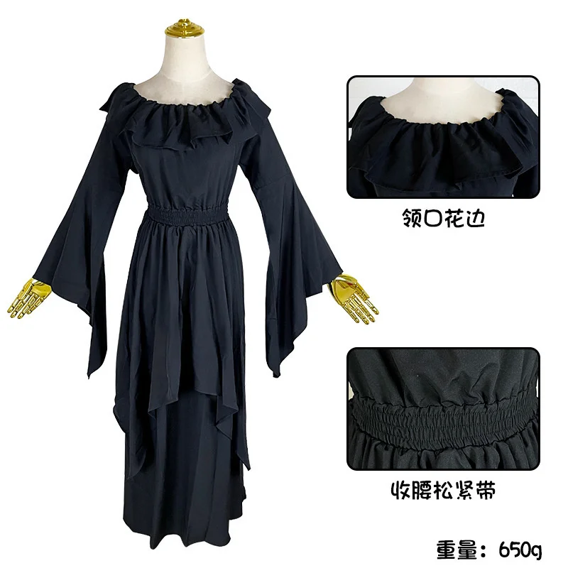 

Long Sleeves Lolita Black Dress Goth Aesthetic Puff Sleeve High Waist Vintage One-line Collar Party Gothic Clothes Dress Woman