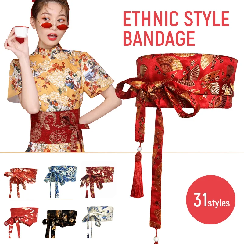 10cm Chinese Brocade Tassel Belt Wide Waistband Women Corset Asian Costume Japanese Kimono Belt Yukata Crane Floral Haori Obi asian costume belt