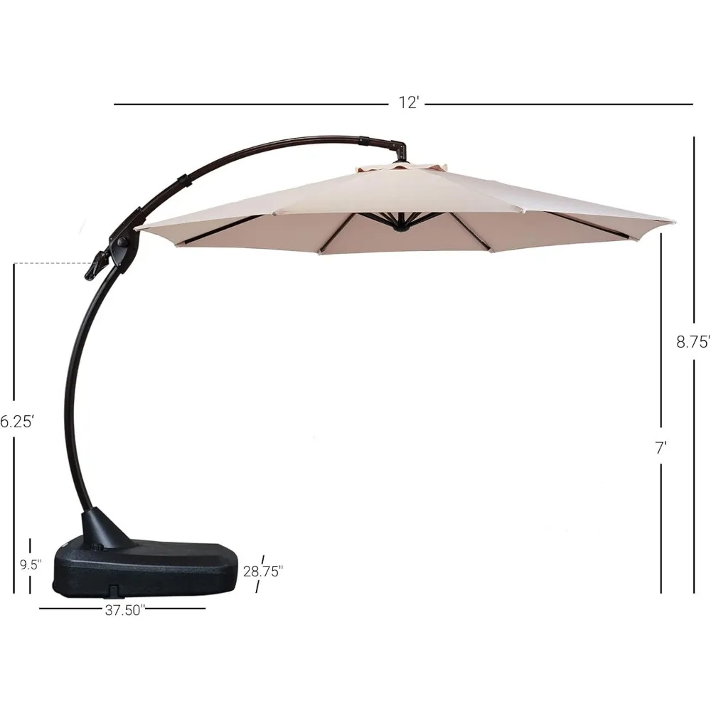 12FT Outdoor Offset Umbrella Large Round Aluminum Cantilever Umbrella with Base for Garden Deck Poolside (Champagne, 3