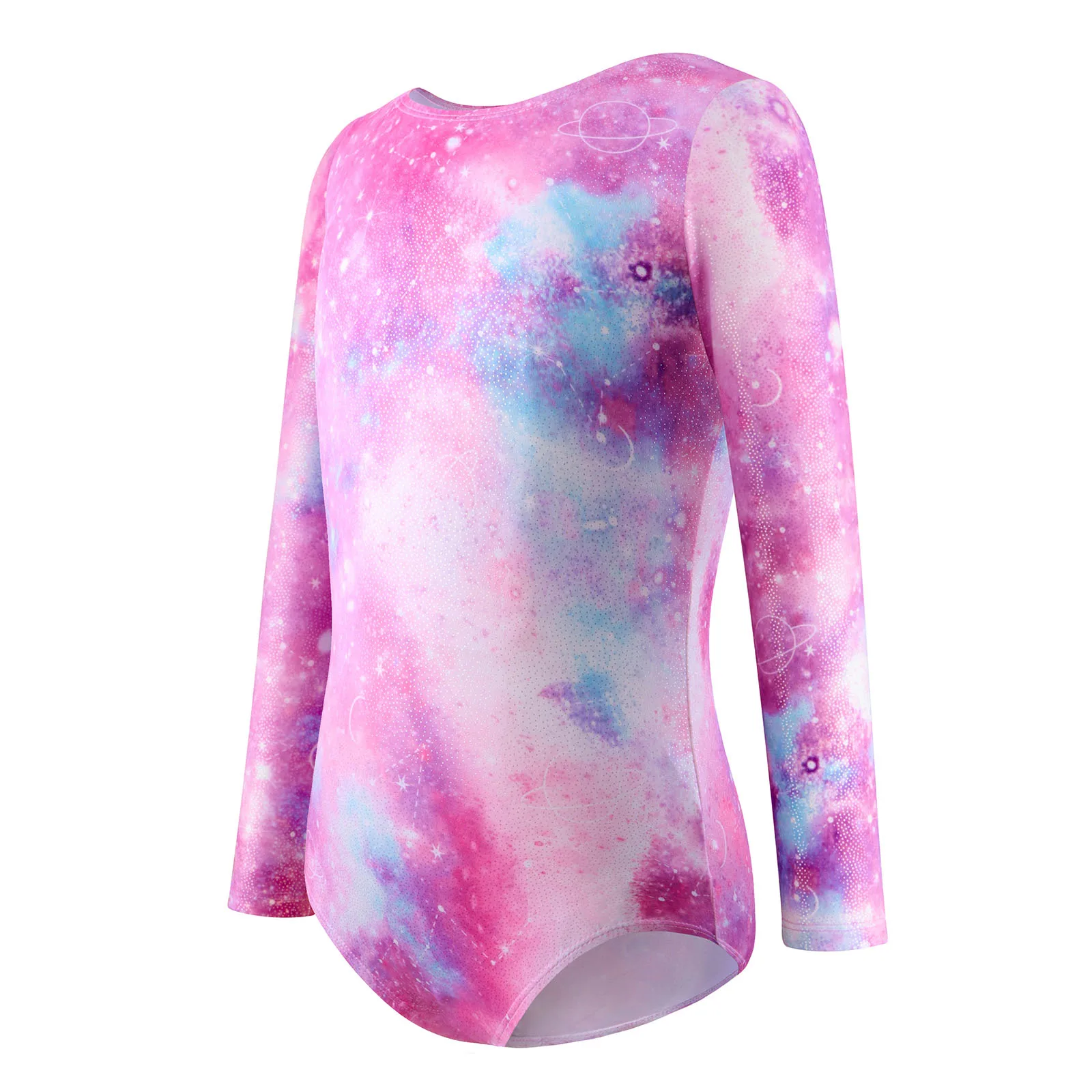 Kids Girls Ballet Dance Performance Costume Round Neck Long Sleeve Printed Leotard Dancewear for Rhythmic Gymnastics Competition