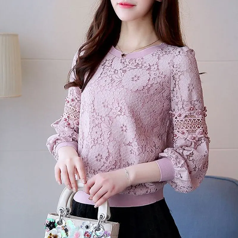 

Korean Floral Lace Shirt Fashion Hollow Out Casual Long Sleeve Spring Autumn Female Clothing Chic Pearl Beading O-Neck Blouse