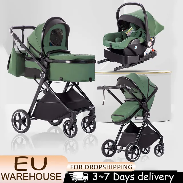 Poussette bébé 3-en-1 légère, système de voyage multifonctionnel, landau pour nouveau-né, position haute, pliable, couleur populaire, avec base pour siège auto 1