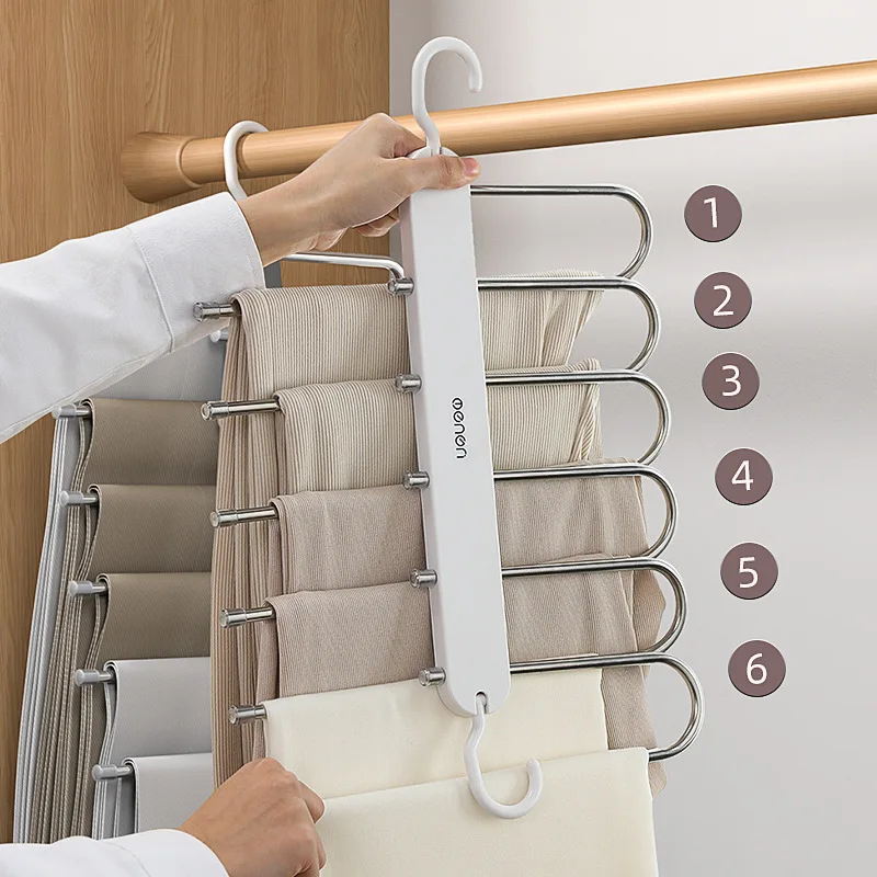 Multi-funcional Calças cabide para roupas, rack ajustável, organizador do armário, armazenamento de calças, Tie Shelf, 6 em 1