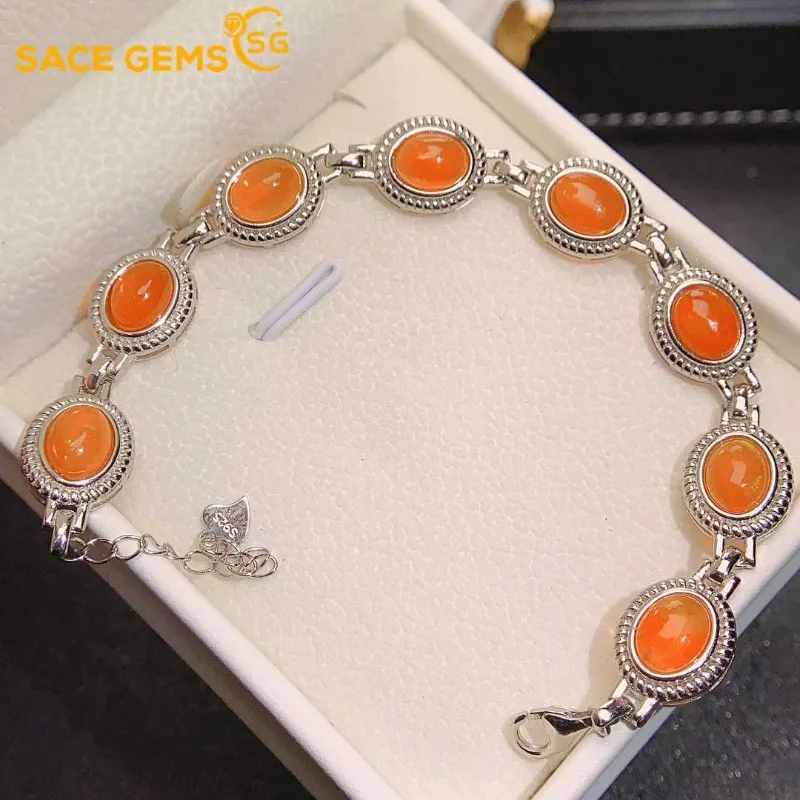 

SACEGEMS New 925Sterling Silver Certified 6*8MM Natural Opal Gemstone Bracelrts for Women Engagement Cocktail Party Fine Jewelry