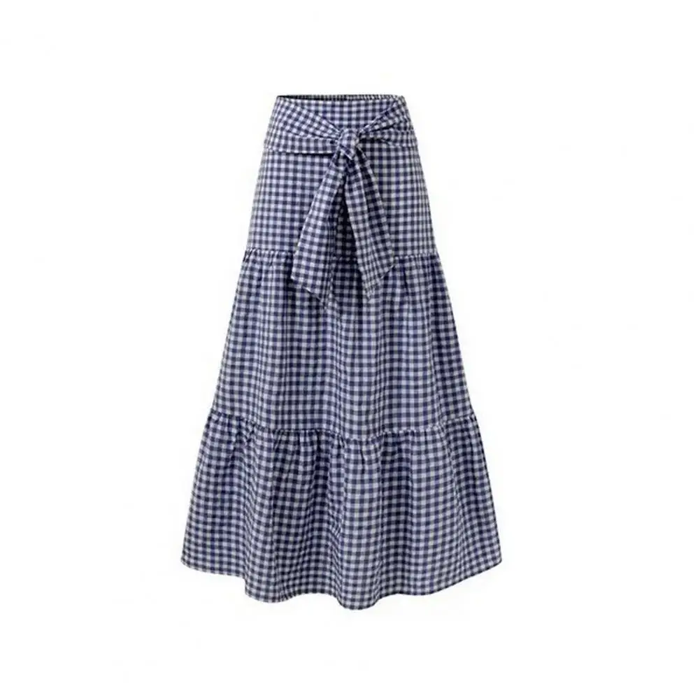 

Women Skirt Plaid Print A-line Big Swing Patchwork High Elastic Waist Lace-up Pleated Full Length Long Skirt