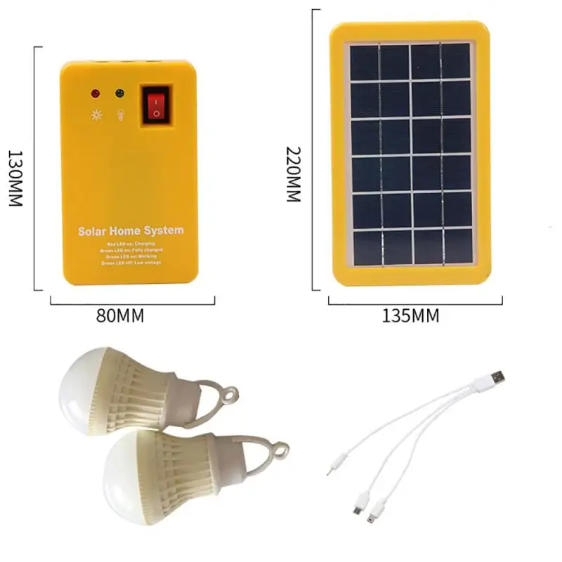 3W Solar Panel Emergency Light Kit Solar 4 Heads USB Charger Cable with 2 LED Light Bulb for Outdoor Camping Travel Lighting