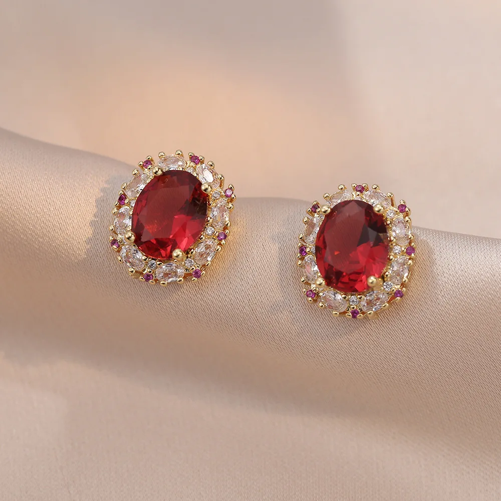 Red Stone Oval Stud Earrings Pendants Clavicle Necklaces for Women Stainless Steel Chains Zircon Engagement Jewelry Sets Gifts