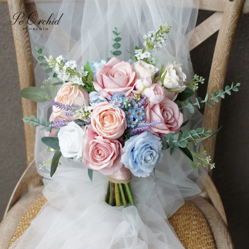 

PEORCHID 2023 New Pink&Blue Bridal Flower Wedding Bouquet Artificial Silk Roses Ramo De Quinceanera Bridesmaids Flowers Bouquet