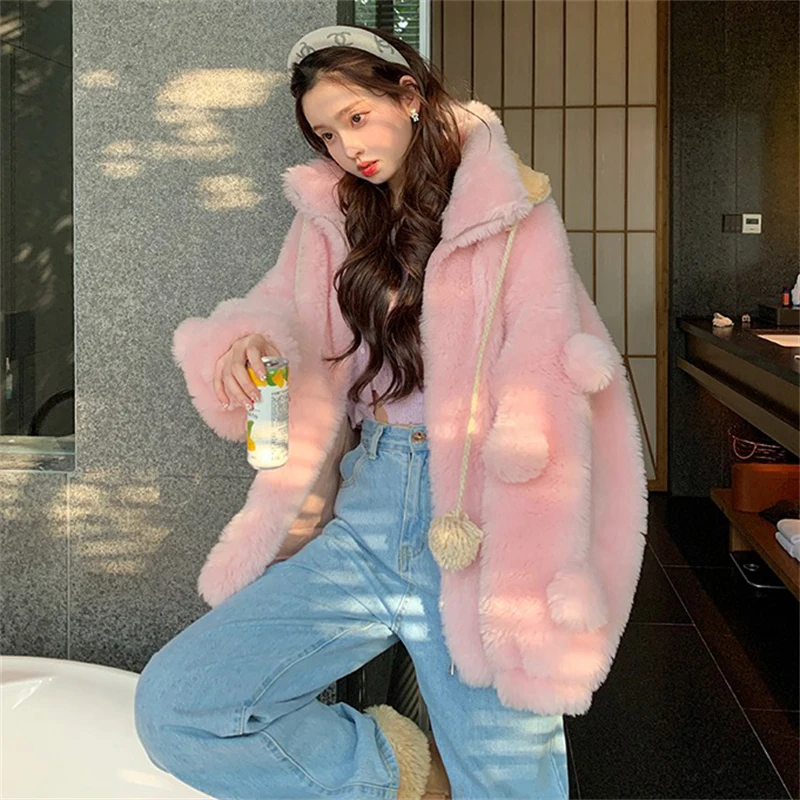 Warm Luxury Women's Fur Coat Hooded Design Wool Fur Outdoor Cold Protection Coat Solid Color Simple Plush Jacket 2023 new style pink small scarf women s winter girls wild outdoor dual use shawl knitted wool neck protection