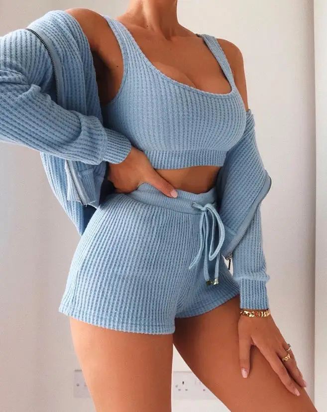 3Pcs Women Outfit 2023 Spring Fashion Plain U-Neck Sleeveless Tank Top & Casual Drawstring Shorts Set with Long Sleeve Cardigan 3pcs spring clamp woodworking clamps metal a shaped clip 4 inch spring clamps fixed woodworking grip repair tool