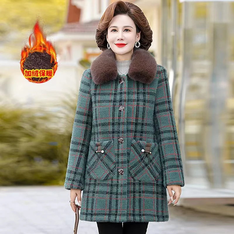 

Middle Aged Mother's Fur Collar Woolen coat Winter Coat Plush Thickened New Autumn Plaid Coat For Middle-Aged And Elderly Women