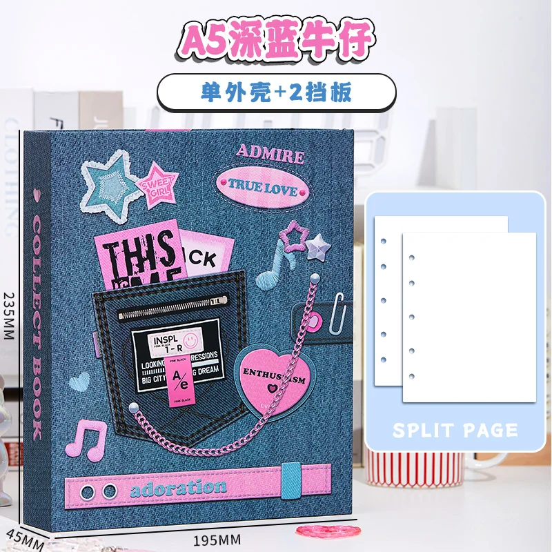 폴라로이드 청바지 A4 A5 포토카드 컬렉션 북, 3 인치 4 9 그리드 마그네틱 잠금 바인더 데님 카드, 느슨한 잎 보관 책 앨범