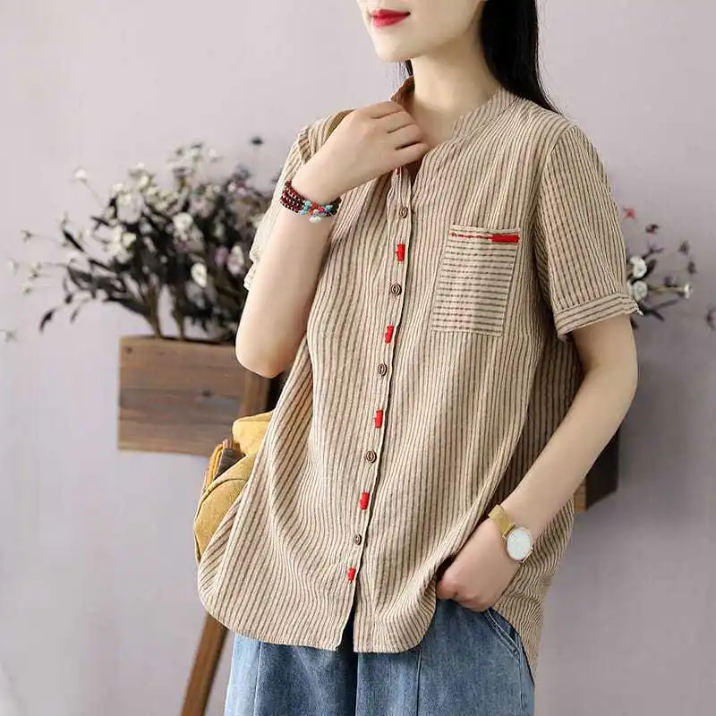 Vintage Printed Spliced Button Embroidery Pockets Striped Shirt Women's Clothing 2023 Summer New Casual Tops Commuter Blouse