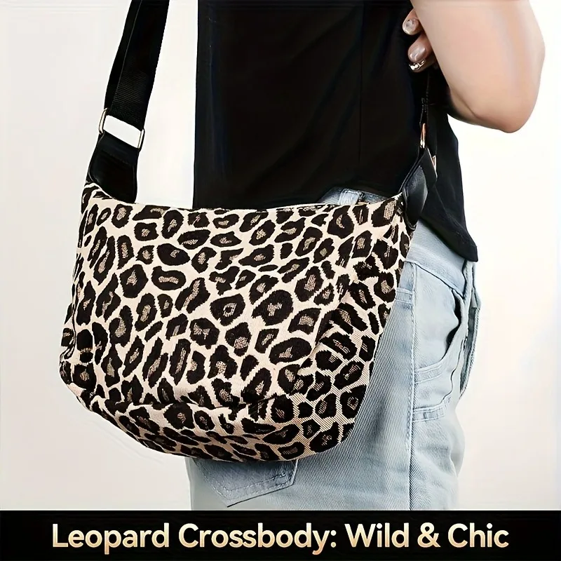 Women's Leopard Print Crossbody Bag Stylish Durable Nylon Small Purse with Comfortable Wide Strap for Shopping, Office, Travel