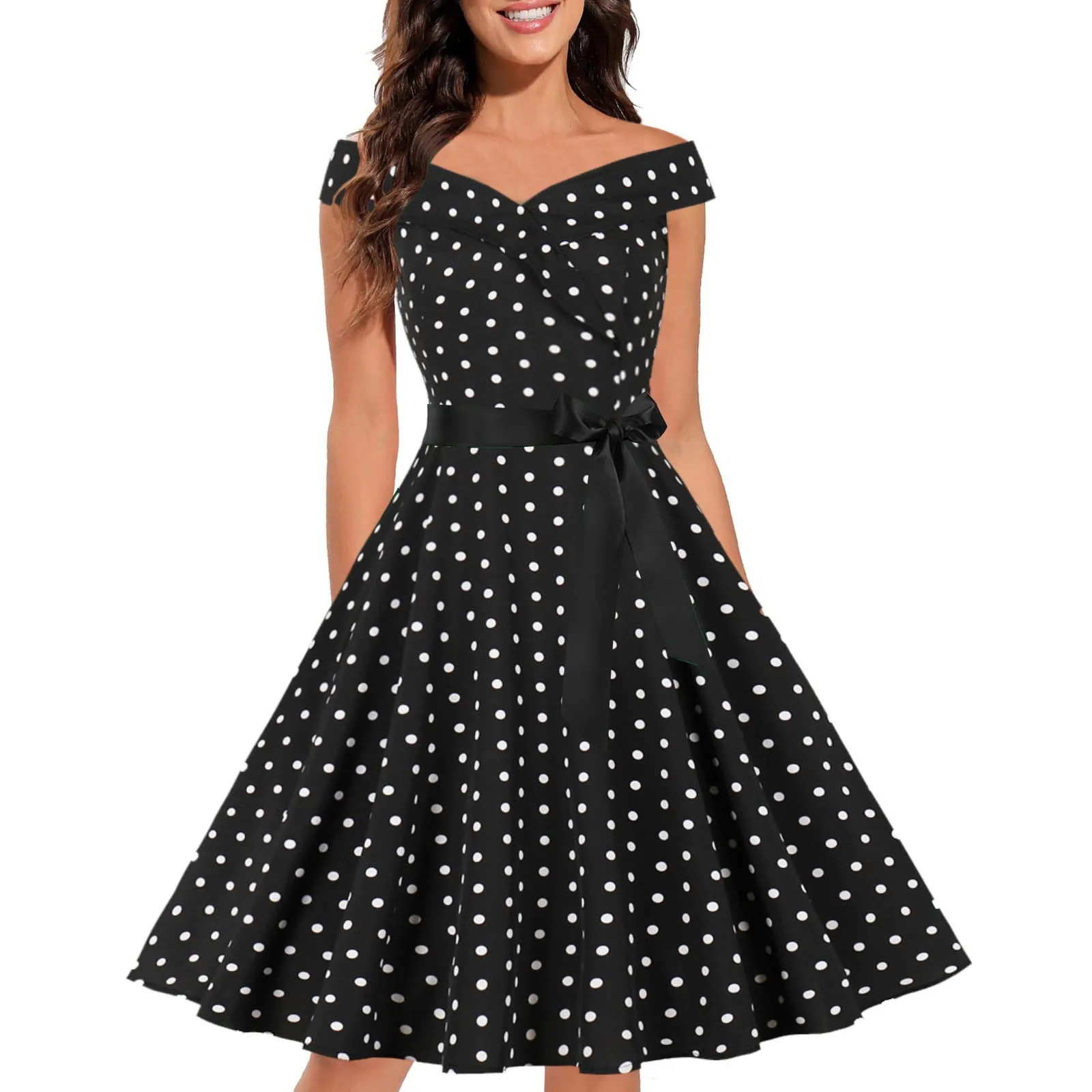

Women's Fashion Summer Dress Vintage Cocktail Dress Loose Casual Waist Bow Tie Retro Sleeveless Polka Dot Swing Party Dress