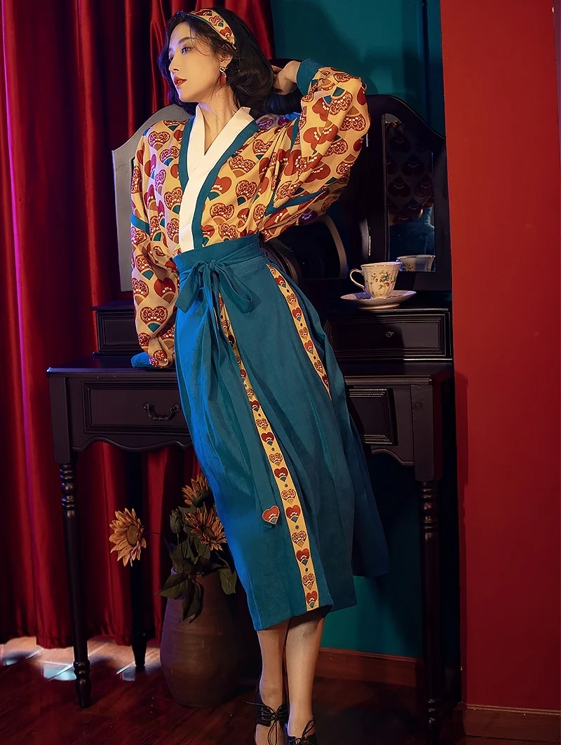 

Huangyue Clothing Hong Kong Style Retro Hanfu Kimono Love Minority Design Improved Hanfu Autumn Clothing Women Vintage Dress