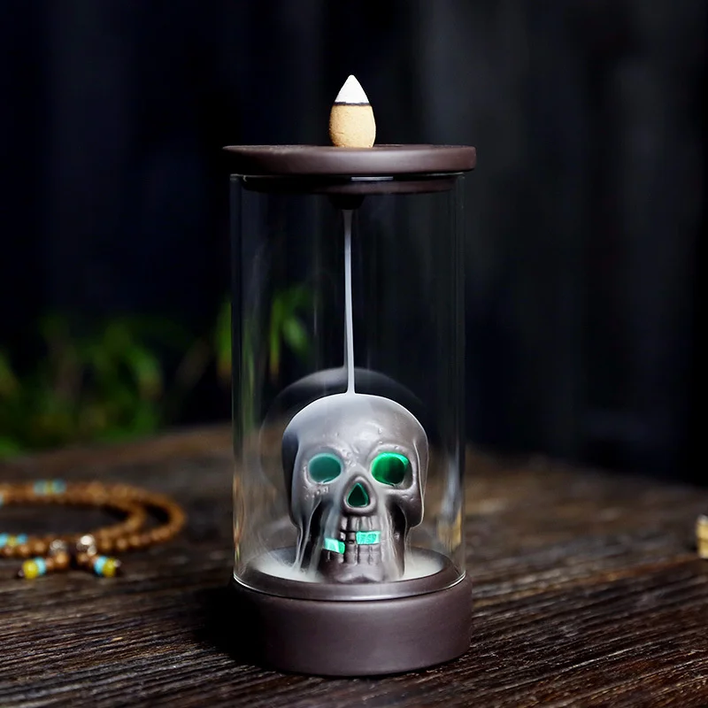Color Lights Skull Shape Backflow Incense Burner Purple Clay Skull