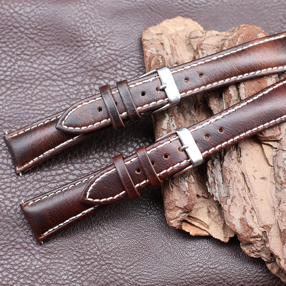 20MM 22MM Red Brown Deep Coffee Cow Leather Half Arched Top Layer Cowhide Watch Strap