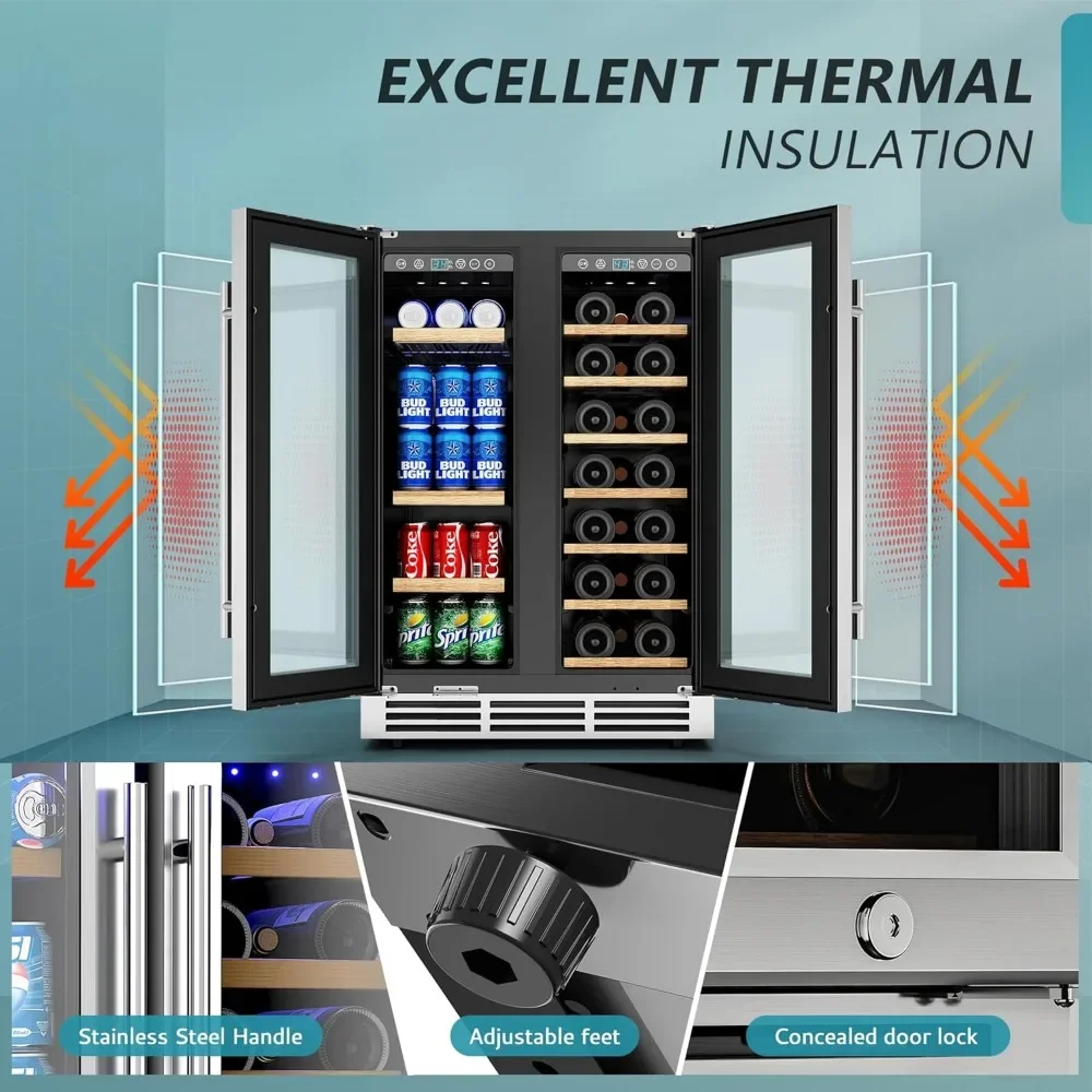 Wine Cooler with Glass Door Hold 21 Bottles and 88 Cans, 24 Inch Dual Zone Wine Refrigerator with Blue LED Light 6