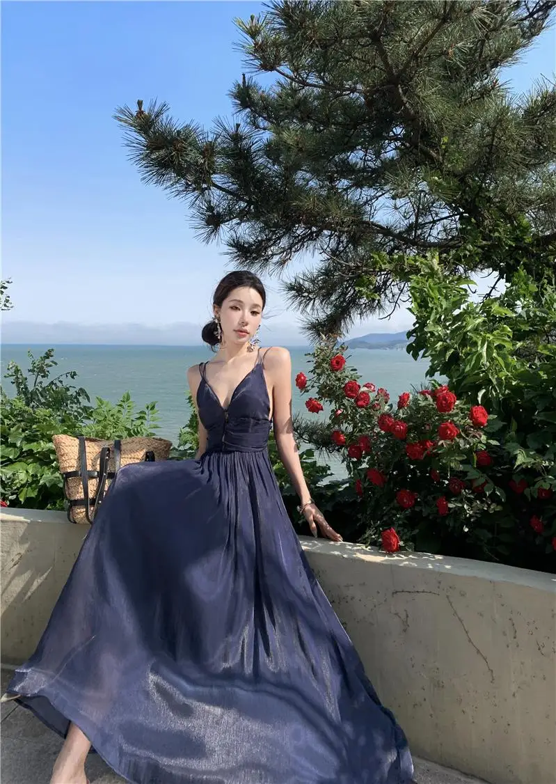 Summer New Spaghetti Strap Long Dresses for Women V-neck A-line Evening Party Dress Backless Prom Robe One Piece Vestido Mujer