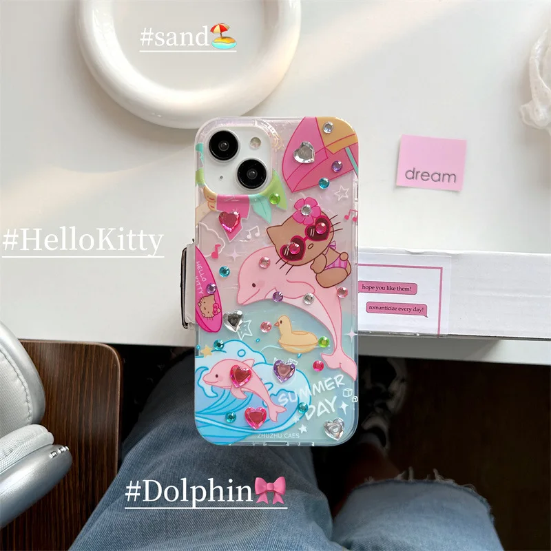 Iphone Case Hello Kitty Sanrio Sunglasses Pink dolphin rhinestone Phone Case For iPhone 15 14 13 12 11 Pro Max case cute cartoon Sweet Cover