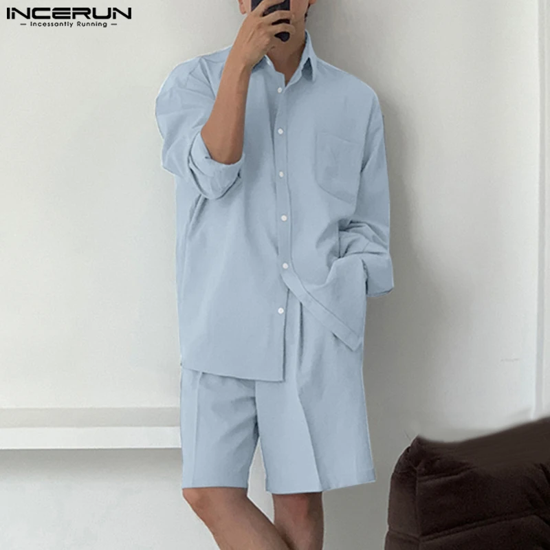 

INCERUN Men Sets Solid Color Lapel Long Sleeve Shirt & Shorts 2PCS Streetwear 2023 Loose Korean Stylish Men's Casual Suits S-5XL