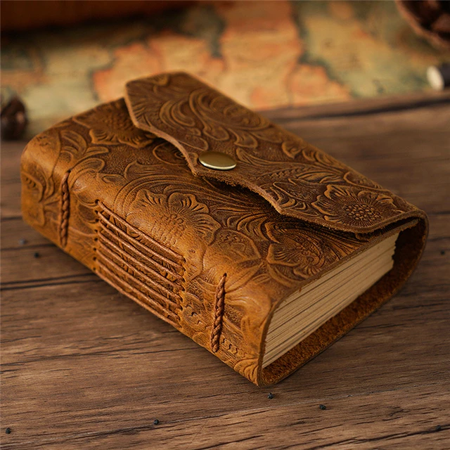 Exquisite Retro Leather Notepad Notebook Antique Leather Diary Handmade Leather  Bound Sketchbook Embossed Floral Cover - Notebook - AliExpress