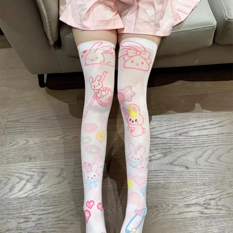 

Lolita Kawaii Socks Women Over The Knee Socks Japanese Anime Harajuku Stockings Thin Leg Velvet Anime Cat Print Rabbit Socks