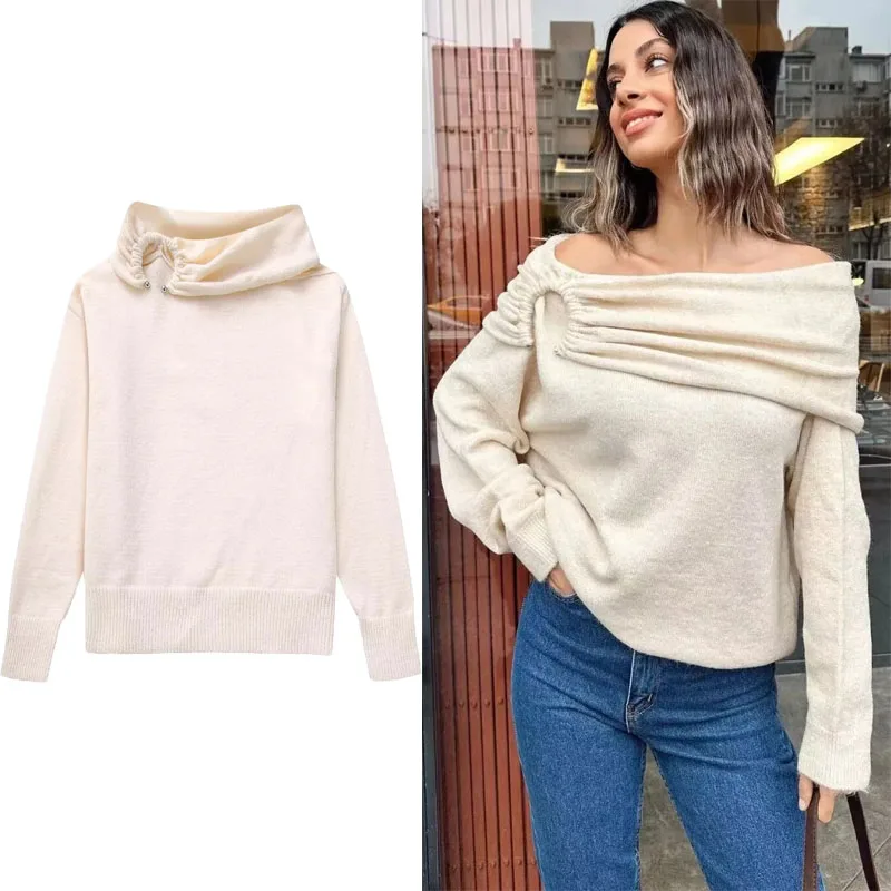 

Женский трикотажный свитер с драпировкой, с длинным рукавом и открытыми плечами