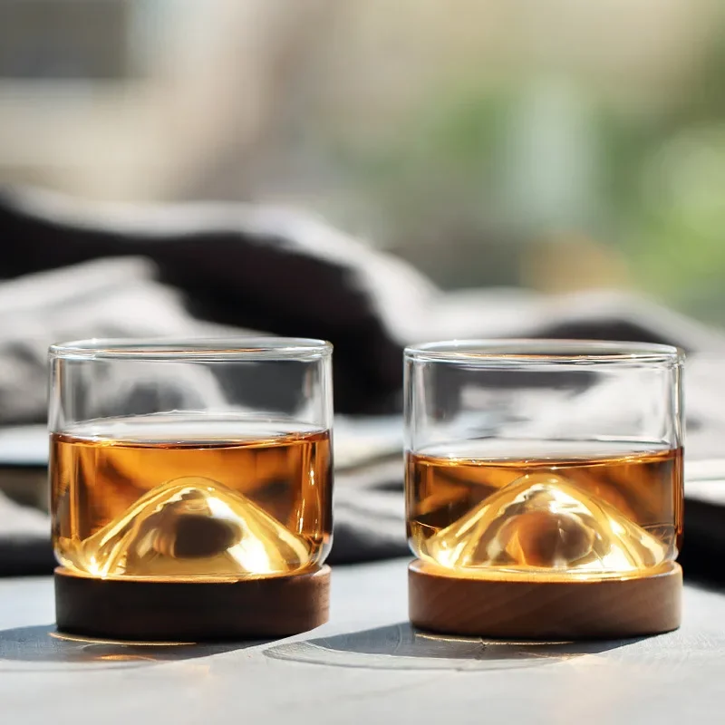 Mountain Whiskey Glass with Wooden Base Creative Heat Resistant Beer Glass Wine Water Tea Transparent Cup Bar Drinkware