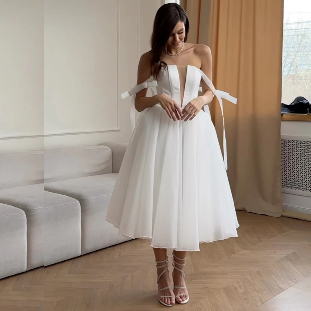 

Jersey Draped Bow Wedding Party Ball Gown Off-the-shoulder Bespoke Occasion Gown Midi Dresses