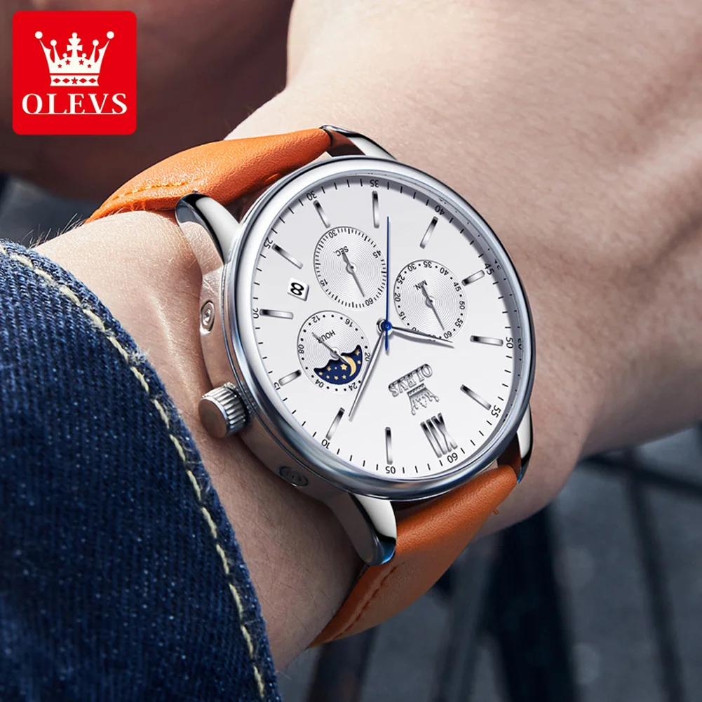 OLEVS Brand Luxury Moon Phases Quartz Watch for Men Leather Waterproof Date Fashion Chronograph Watches Mens Relogio Masculino