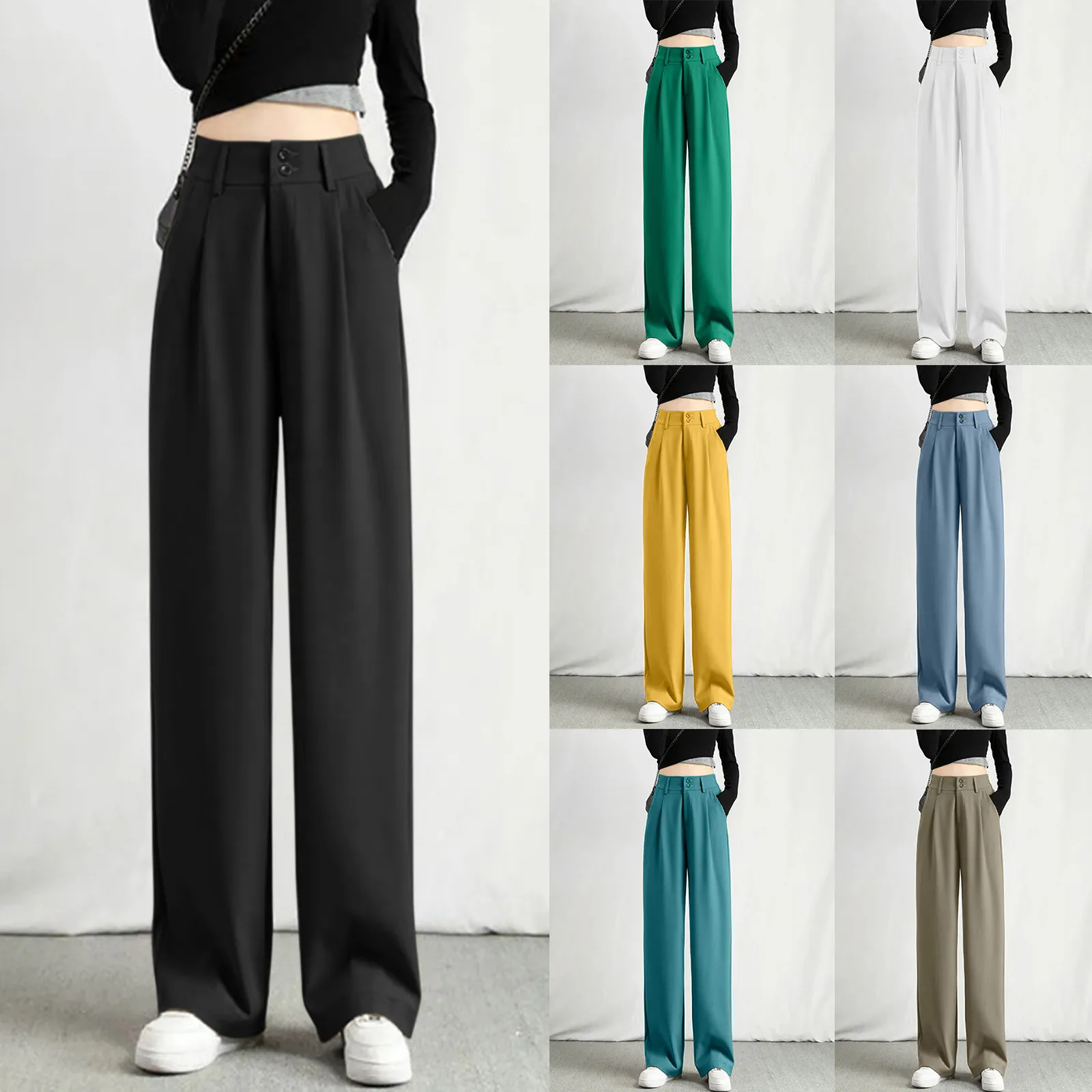 Women Chic Office Wear Straight Pants Vintage High Ladies Trousers