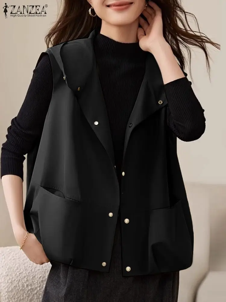 

ZANZEA Women Sleeveless Jackets 2024 Spring Hoodies Waistcoat Casual Loose Pockets Tank Coat Holiday Buttons Streetwear Outwear