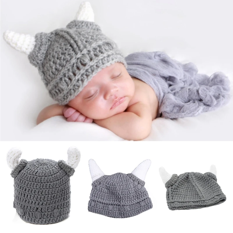 

Autumn Winter Parent-Child Skullies Knitted Hat Barbarian Ox Horn Helmet Cap