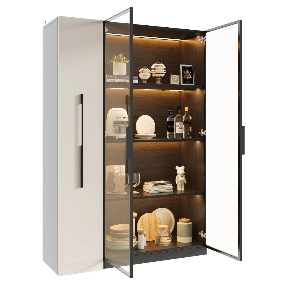 110,5×35×160 cm große Multifunktionsvitrine mit Glastür und LED, Seitenschublade, Bücherregal, Badezimmerschrank, Wohnzimmerschrank – Detail 10