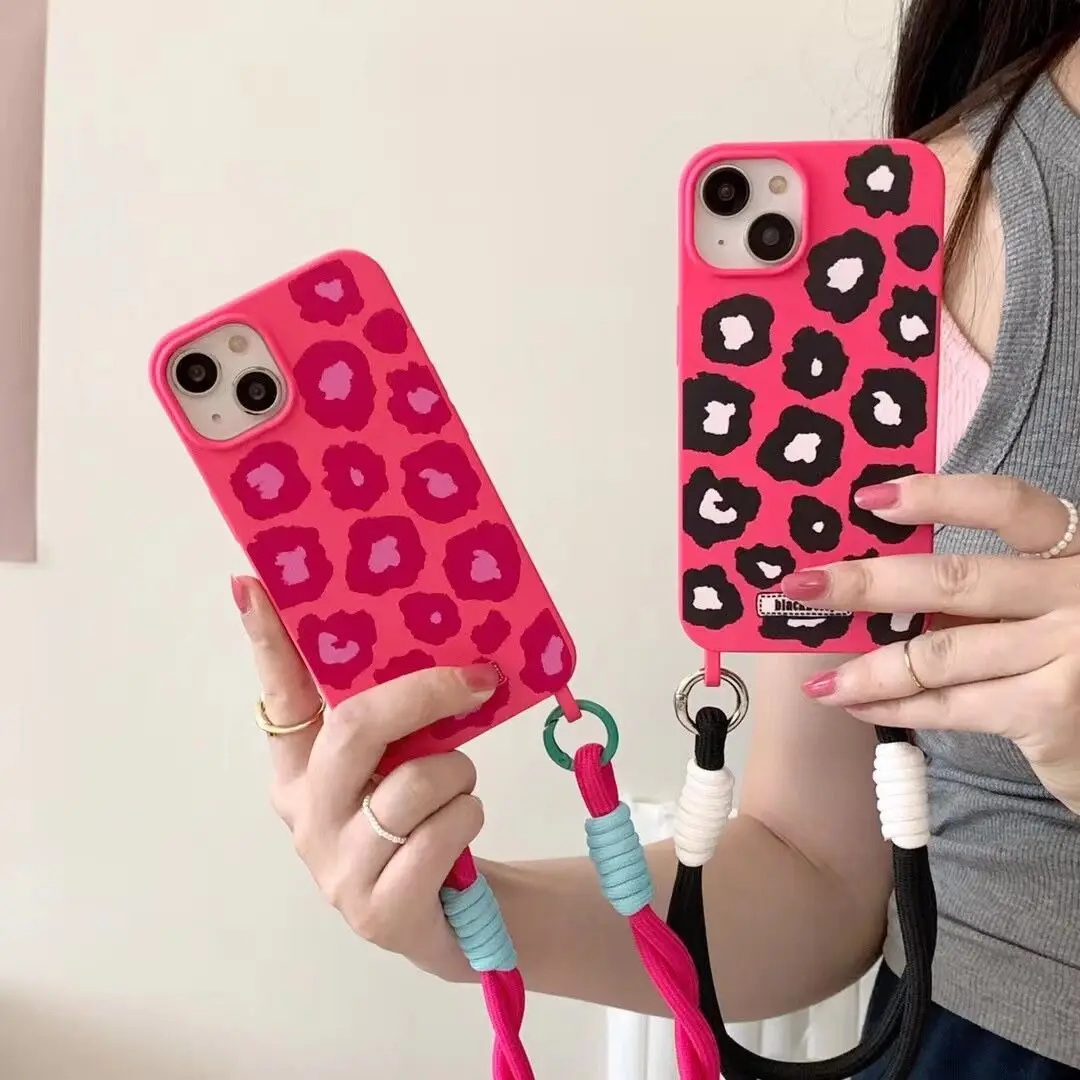 Yuno Leopard Hand Strap Barbie Rose Pink Phone Case Per Iphone 14 13 12 11 Pro Max Soft Cover Posteriore Antiurto Shell Funda