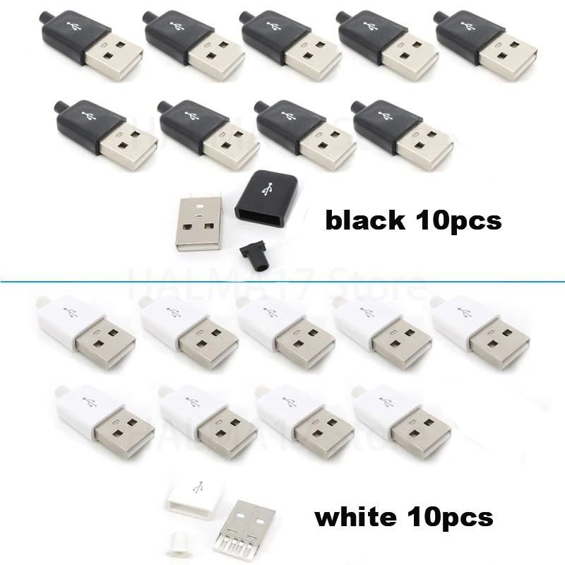 

10Pcs USB Type A Connector Male 4 Pin Plug Socket With Black White Plastic Cover USB 2.0 Type-A Soldering DIY Kits J17