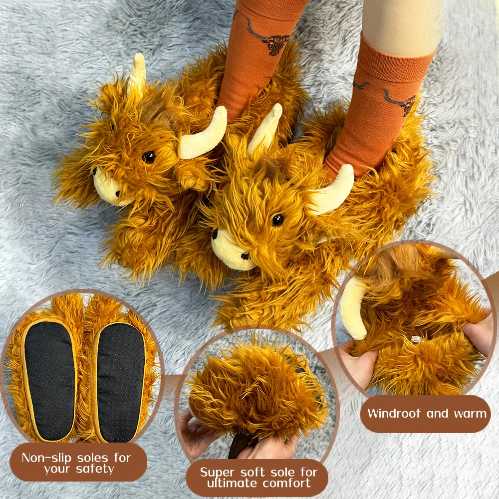 Highland Cow Plush Slippers with Socks Brown Cattle Home Slippers Scottish Animals Warm Soft Shoes Christmas Plushie Gift 3