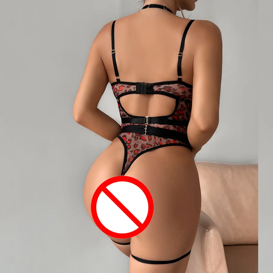 JSY Sexy Lingerie For Ladies Lace Bodysuit Leopard Underwear Open Crotch Teddy Halter Transparent Erotic Lingerie Porno Costumes