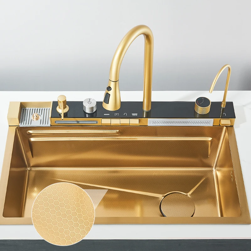 Stainless Steel Kitchen Sink with Faucet 75*45cm Large Single Bowl Digital Display Dish Basin Sink Waterfall Hot Cold Faucets 4